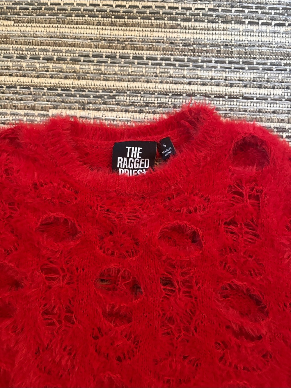 The Ragged Priest Red Cropped Fuzzy Hole-Knit Crewneck Sweater - Picture 2 of 2